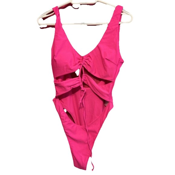 #8516 NEON PINK ONE PIECE SWIMSUIT SEXY DEEP NECKLINE SIZE XL CHYRll POPULAR - Picture 1 of 6